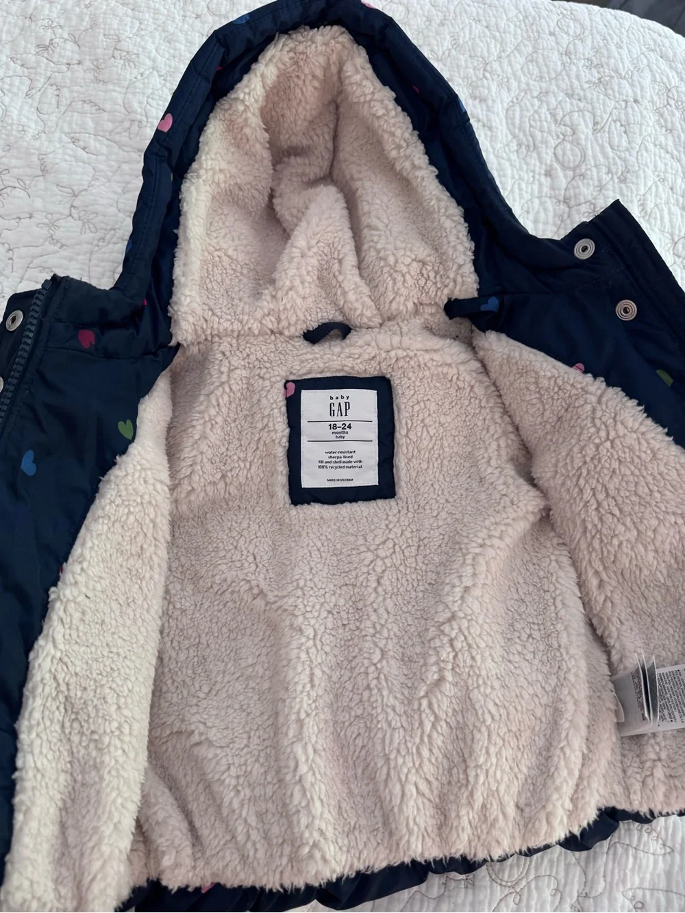 Baby Gap Navy Heart Puffer Jacket with Sherpa Lining